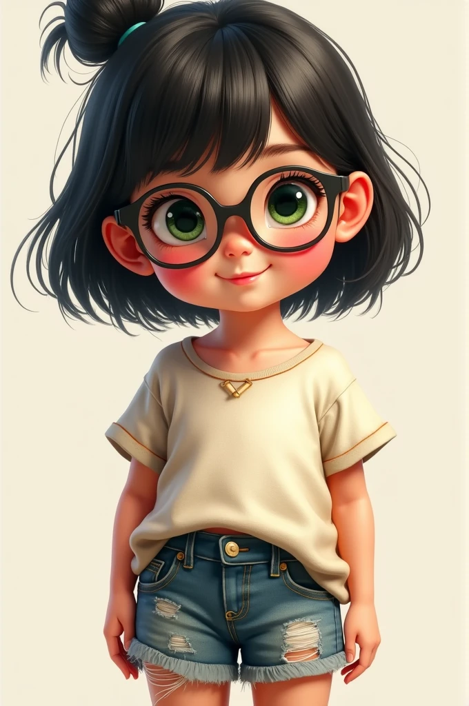 A cute chubby girl with black hair and green eyes. She has black thin glasses and has white dirty and ripped shirt and shorts.