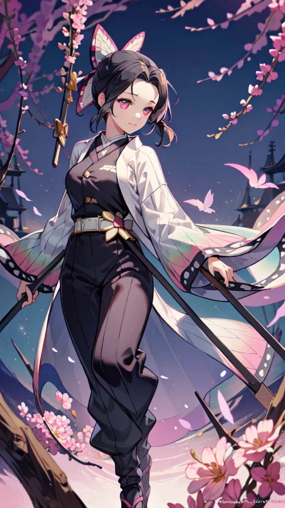 masterpiece, (Pink kimono), Fascinating face, Good lighting, Low Cut, The finer details, masterpiece, Glowing Eyes, One girl, Black Hair, Highest quality, throw, whole body, Wide Hips,