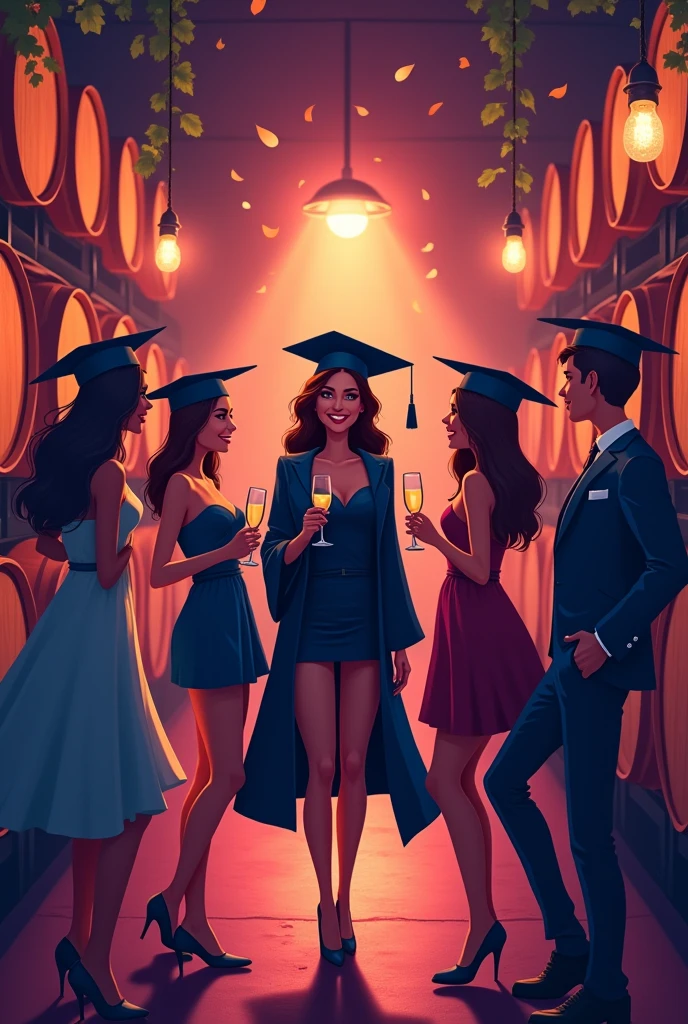 Make a poster of a wine cellar inside a nightclub for an engineering graduation party, that the poster does not have letters, just the image, that the characters are abstract caricatures celebrating and that everyone wears a graduation cap, elegant casual dresses, In addition, there is a woman in the middle dressed in a cap and gown.
