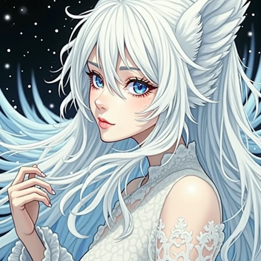 generate a celestial and colorful ice angel. her eyes should be beautifully detailed, extremely detailed, realistic, macro, and bright. her face should be fierce and dynamic. include a highly detailed and beautiful face with realistic eye shading. her clothes are long and flowing and made of silk and lace and pearls. include frosty details such as snow, wind, snowflakes, cold air, and night sky. include phantasmal iridescence, shimmer, glimmer, and bumps, as well as beautiful and intricate fantasy details. this is a magical and high fantasy image. cold, frost, frost on image, frost on camera, frost on figure, intricate snowflakes ((masterpiece)), best quality, high quality, highres, intricate details, portfolio piece, bryan organ, matte, trending on art station, in the style of greg rutkowski, include magical ice creature, use shades of blue, include fur, (dynamic composition), (highly detailed), ornate, ultra detailed, detail enhancements, magical details, fantasy vibes