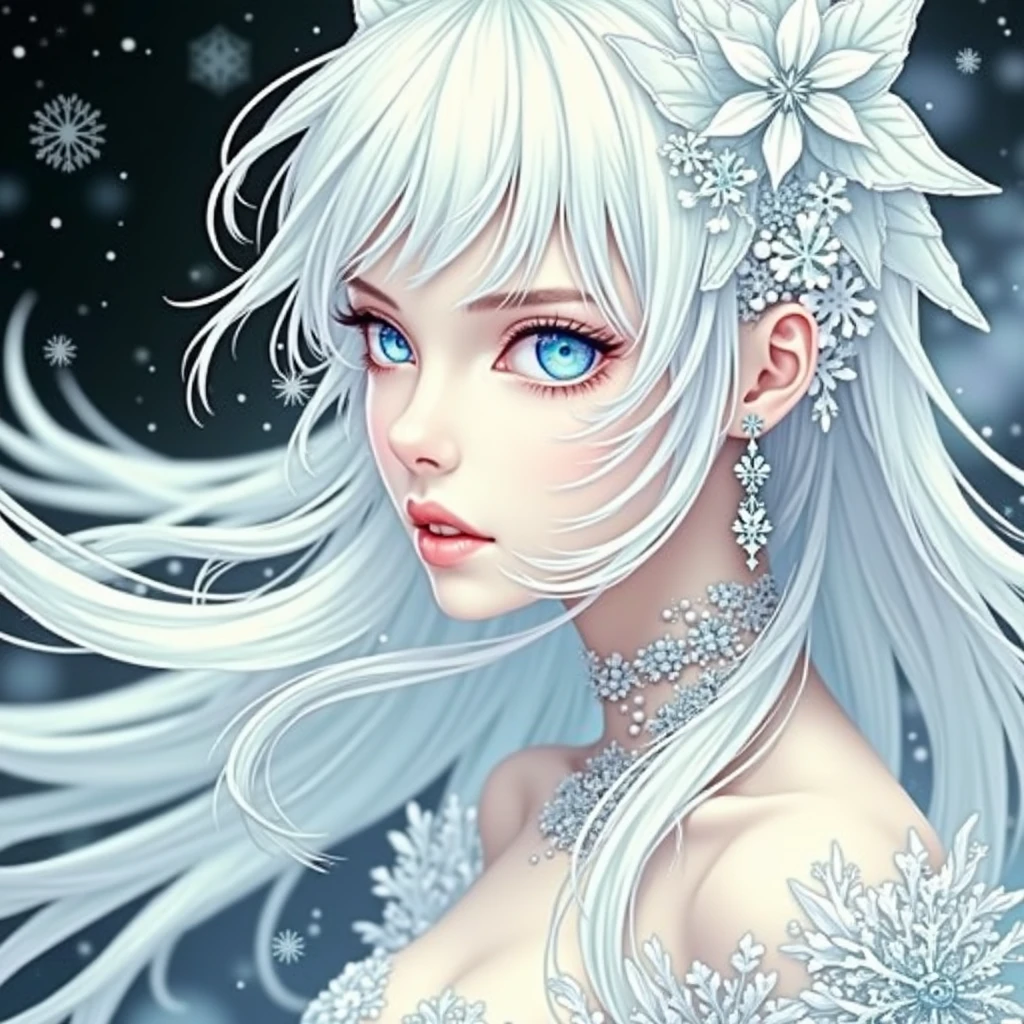 generate a celestial and colorful ice angel. her eyes should be beautifully detailed, extremely detailed, realistic, macro, and bright. her face should be fierce and dynamic. include a highly detailed and beautiful face with realistic eye shading. her clothes are long and flowing and made of silk and lace and pearls. include frosty details such as snow, wind, snowflakes, cold air, and night sky. include phantasmal iridescence, shimmer, glimmer, and bumps, as well as beautiful and intricate fantasy details. this is a magical and high fantasy image. cold, frost, frost on image, frost on camera, frost on figure, intricate snowflakes ((masterpiece)), best quality, high quality, highres, intricate details, portfolio piece, bryan organ, matte, trending on art station, in the style of greg rutkowski, include magical ice creature, use shades of blue, include fur, (dynamic composition), (highly detailed), ornate, ultra detailed, detail enhancements, magical details, fantasy vibes