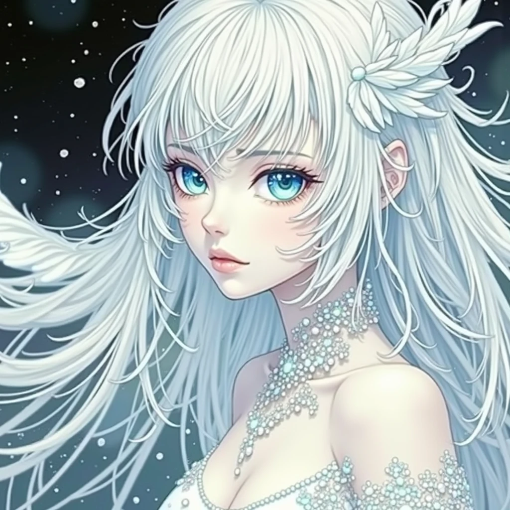 generate a celestial and colorful ice angel. her eyes should be beautifully detailed, extremely detailed, realistic, macro, and bright. her face should be fierce and dynamic. include a highly detailed and beautiful face with realistic eye shading. her clothes are long and flowing and made of silk and lace and pearls. include frosty details such as snow, wind, snowflakes, cold air, and night sky. include phantasmal iridescence, shimmer, glimmer, and bumps, as well as beautiful and intricate fantasy details. this is a magical and high fantasy image. cold, frost, frost on image, frost on camera, frost on figure, intricate snowflakes ((masterpiece)), best quality, high quality, highres, intricate details, portfolio piece, bryan organ, matte, trending on art station, in the style of greg rutkowski, include magical ice creature, use shades of blue, include fur, (dynamic composition), (highly detailed), ornate, ultra detailed, detail enhancements, magical details, fantasy vibes