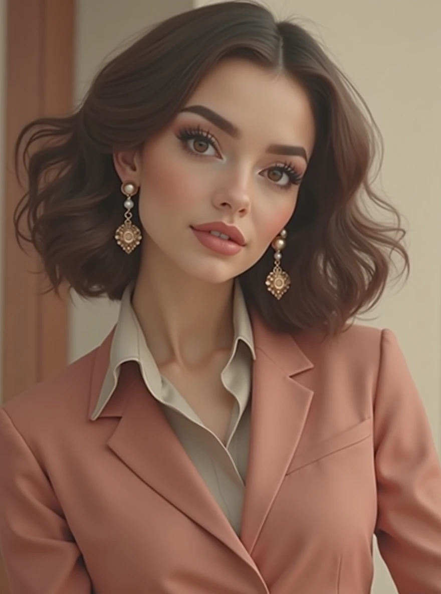 Taking into consideration this text that I give you, create an image of me, I am a brunette woman with short wavy hair, almost curly, Fine features, thin lips, big eyes and hourglass-shaped body, I want to look elegant and sophisticated. Choose colors like white., negro, gray or navy blue. These tones usually convey professionalism.. A well-fitting blazer can elevate any outfit.. It is a key garment in a professional look. A silk blouse or a well-ironed shirt will always look professional.. Make sure they are well-fitting and have a classic cut.. Loafers or mid-heeled shoes go well with a professional outfit. Opt for small, elegant jewelry such as pearls or thin chains.. An updo or neat style will give a tidy appearance.. A natural makeup highlights the features without being overwhelming..