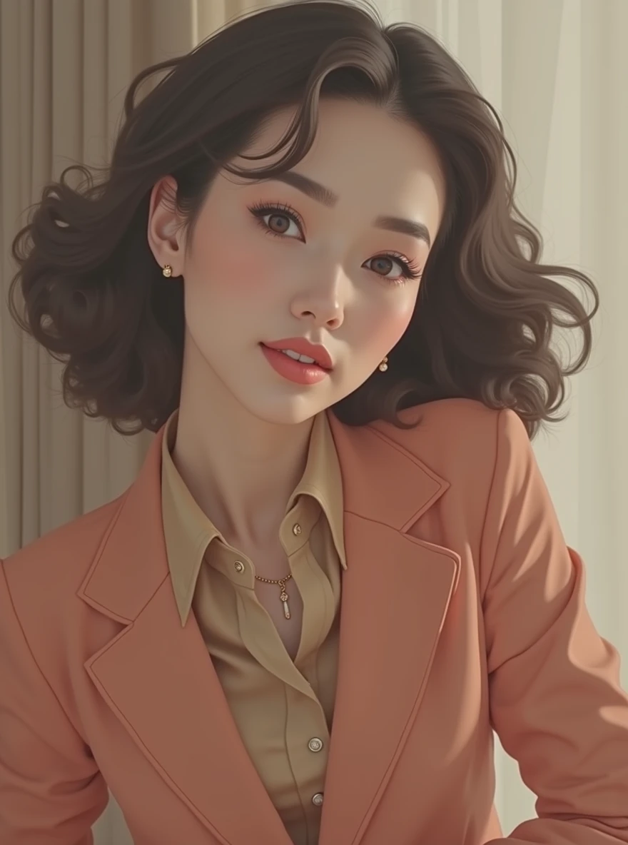 Taking into consideration this text that I give you, create an image of me, I am a brunette woman with short wavy hair, almost curly, Fine features, thin lips, big eyes and hourglass-shaped body, I want to look elegant and sophisticated. Choose colors like white., ?????, gray or navy blue. These tones usually convey professionalism.. A well-fitting blazer can elevate any outfit.. It is a key garment in a professional look. A silk blouse or a well-ironed shirt will always look professional.. Make sure they are well-fitting and have a classic cut.. Loafers or mid-heeled shoes go well with a professional outfit. Opt for small, elegant jewelry such as pearls or thin chains.. An updo or neat style will give a tidy appearance.. A natural makeup highlights the features without being overwhelming..