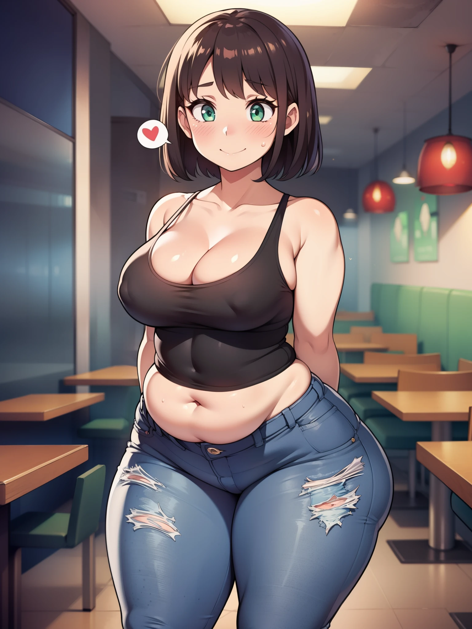 ((highres)), Masterpiece, high quality, best quality, beautiful, perfect lighting, detailed face, ultra cute face, ((1girl)), ((blush)), ((blush)), embarrassed, nervous smile, looking at viewer, skindentation, short brown hair, fluffy hair, green eyes, jeans, tank top, tight clothes, full body, fast food restaurant, small , perky breastsage, widethick thighs), pudgy belly, standing, arms behind back, looking at viewer, spoken heart,