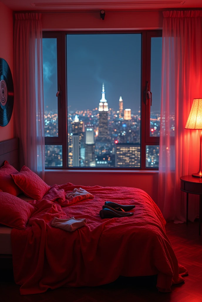 Very realistic image of a bed and a view of a city with many lights, more realistic and human, where the bed is messy with heels on the floor and panties on the bed, no people in the room, just the objects, take the whole room, red lights and some smoke, with a platinum record on the wall, like a slutty image from a very real music album and smoke, just a pair of heels and panties on the red lace bed And the platinum record on the wall