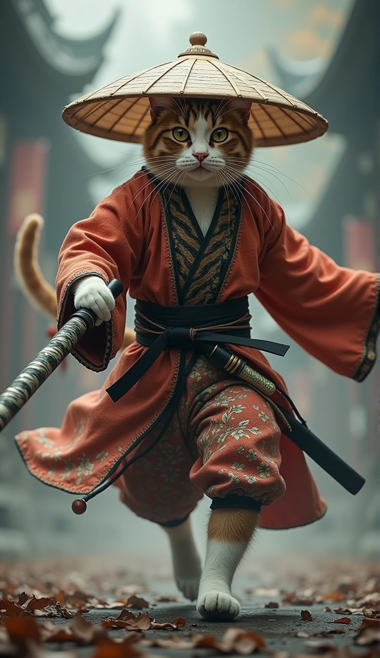 Create an image of a cat standing upright in traditional East Asian attire, wearing a wide bamboo hat on the head, wielding a sword with its right paw extended forward in an assertive stance ( running posture ), set against a misty backdrop to convey an atmosphere of ancient martial arts mastery.