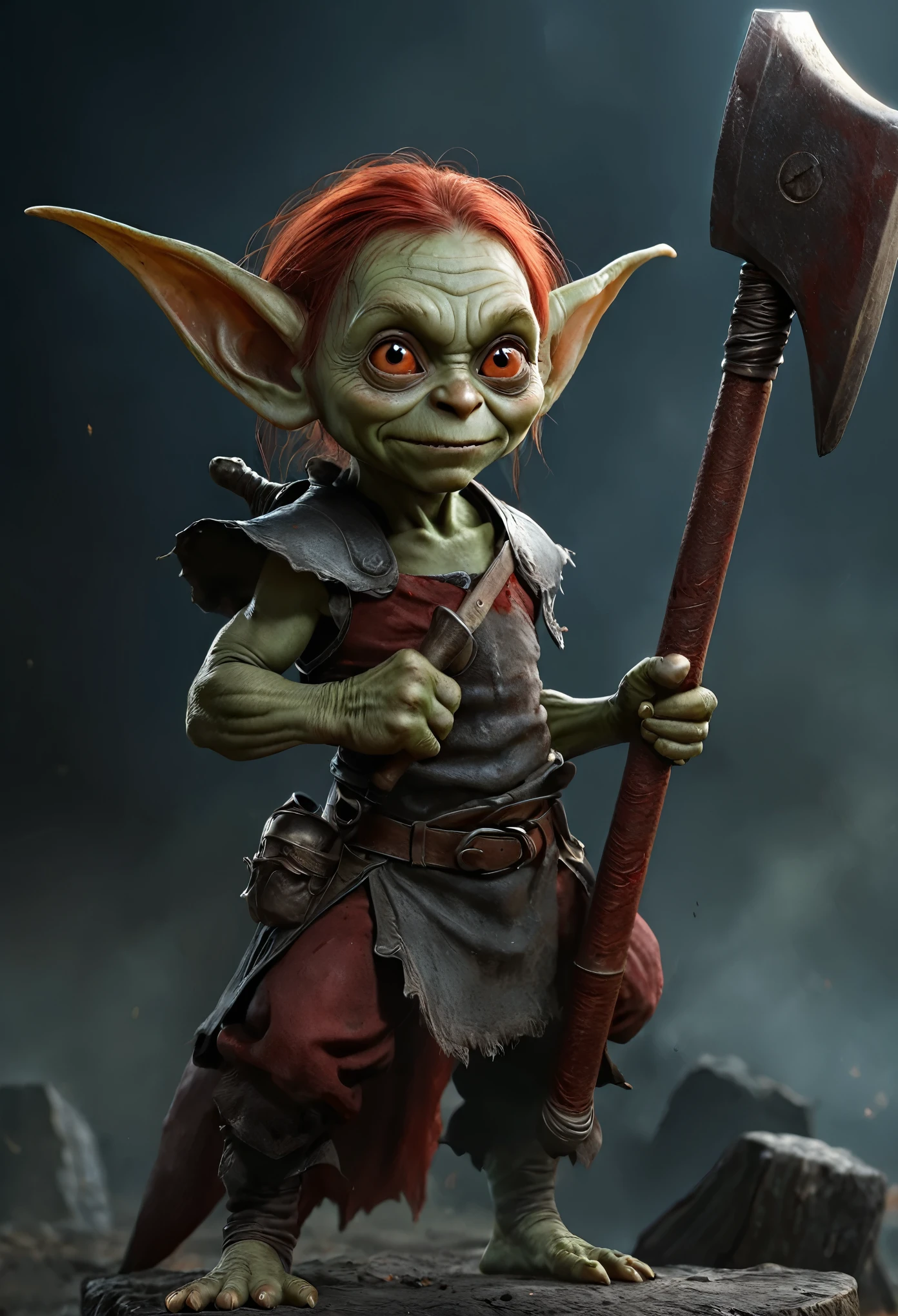 Realistic anime character, cute goblin female, redhead, red eyes, full body portrait, holding a big hammer, little smile, in battle, dynamic composition, intricate gloomy background, dark fantasy style, dark arts, depth of field, blood of the enemies 