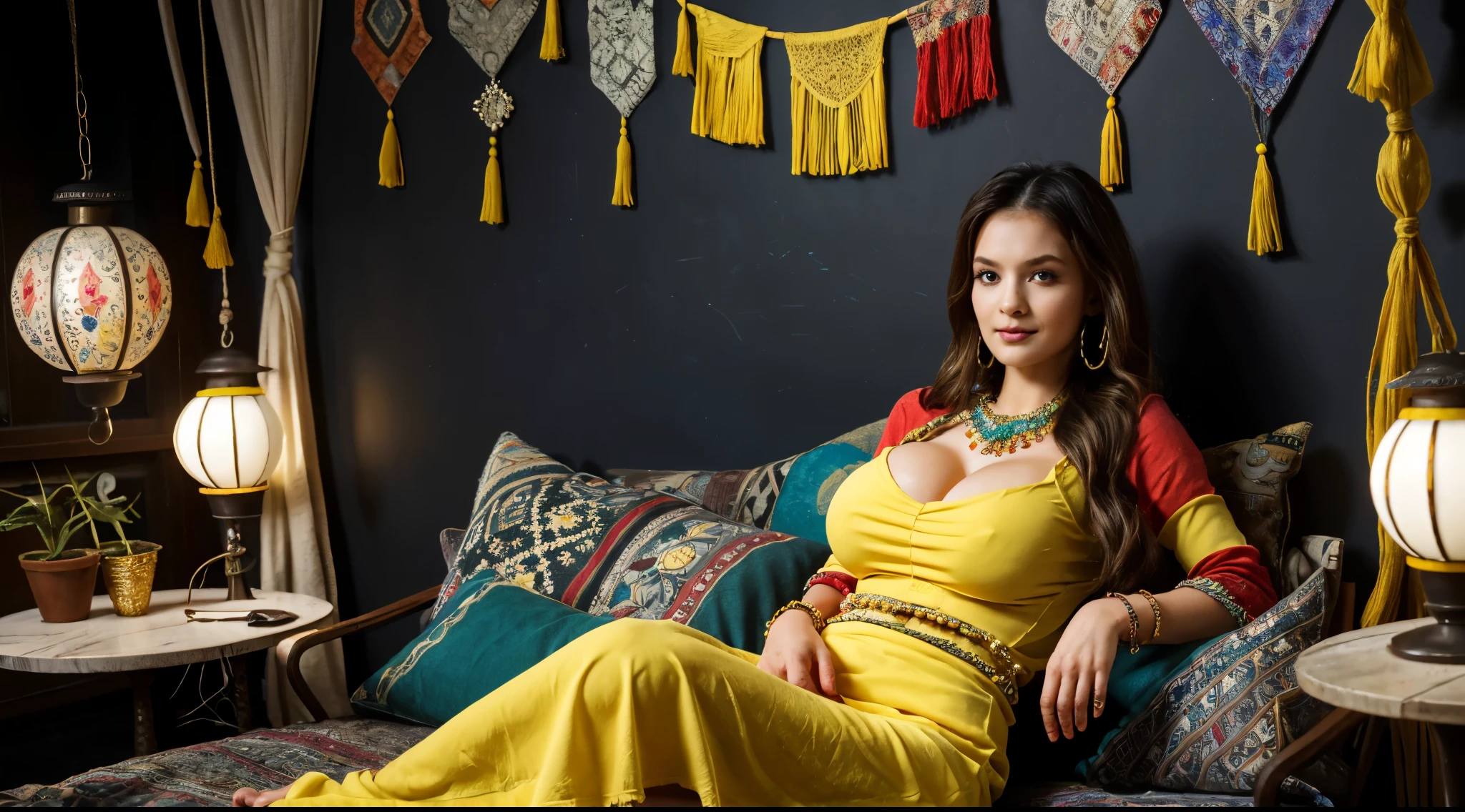 (1girl:1.4), close-up shot, tantalizing, Bohemian gypsy fashion, vibrant and eclectic clothing, flowing skirts, patterned fabrics, layered accessories, colorful scarves, beaded jewelry, statement necklaces, bracelets, long wavy hair, free-spirited vibe, intricate details, artistic pose, enchanting atmosphere, boho chic, (gigantic breasts:1.2), Bohemian gypsy interior style, eclectic decor, (red and yellow colors theme:1.2), vibrant colors, patterned textiles, cozy seating, layered rugs, vintage furniture, macramé wall hangings, dreamcatchers, beaded curtains, mismatched cushions, plants and greenery, natural materials, fairy lights, lanterns, handcrafted items, artistic ambiance, detailed textures, free-spirited atmosphere, warm and inviting, high-quality rendering,