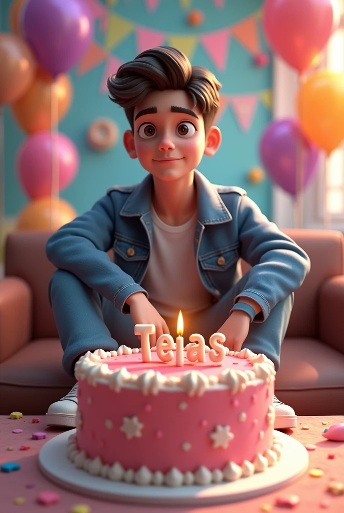 3D illustration of a man sitting casually on front of a cake. The character must wear casual moder clothing such as jeans jackets and sneakers shoes. The background of the image is a party theme. Write 'AMEER' on the birthday cake. Make sure the text is not misspelled. His age is 20