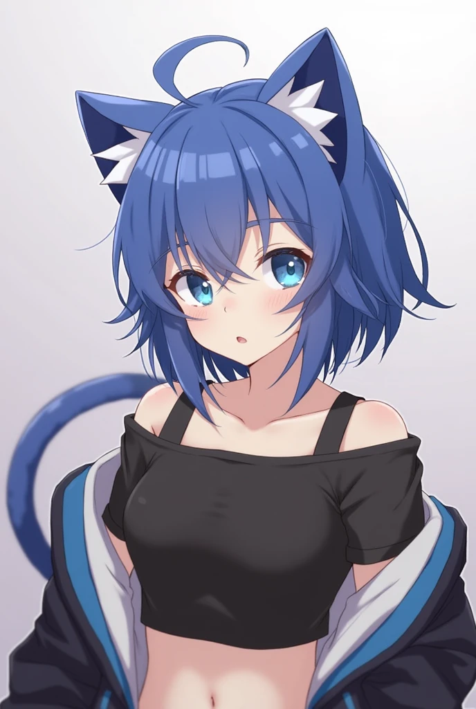 Masterpiece:1.2, High quality, Best quality, Hinge_background,Inside,High accuracy,nothing (Solution 1988),black Jacket,Upper body,open clothing,Absurdities,Blue eyes,open Jacket,gradient background,Looking at the viewer,Sport well,1girl,short hair,Bare shoulders,Single,Animal ears,Blue hair,Jacket,Crop top,Off shoulder,Head tilt,Cat ears