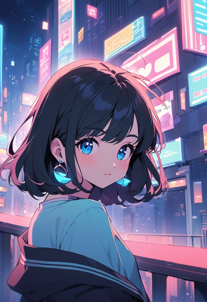 Cute girl retro chill lofi 80s style, with short black hair,blue eyes, earrings, and that it is night in an illuminated city