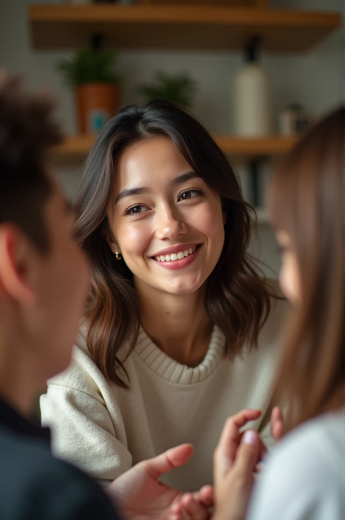 Photo of a 23 year old brunette woman, that has a very natural face, thin lips, Thin eyes, thin eyebrows, thin nose, ohrringe, lange Wimpern. She taking to his family