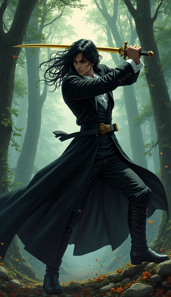 A full-body illustration of "Vampire Hunter D" by Yoshitaka Amano. A male character D, dressed all in black, wears a European aristocratic white shirt under a long black coat, and wields a thin golden long sword in a wide arc. With a handsome face surrounded by flowing black hair, he delivers powerful horizontal blows full of concentration. The action takes place in a mystical forest, where towering trees and light shining through the canopy create a dramatic backdrop. The moment is captured in stunning detail by the EOS 5D DSLR camera, highlighting the fluidity and strength of D's attacks.