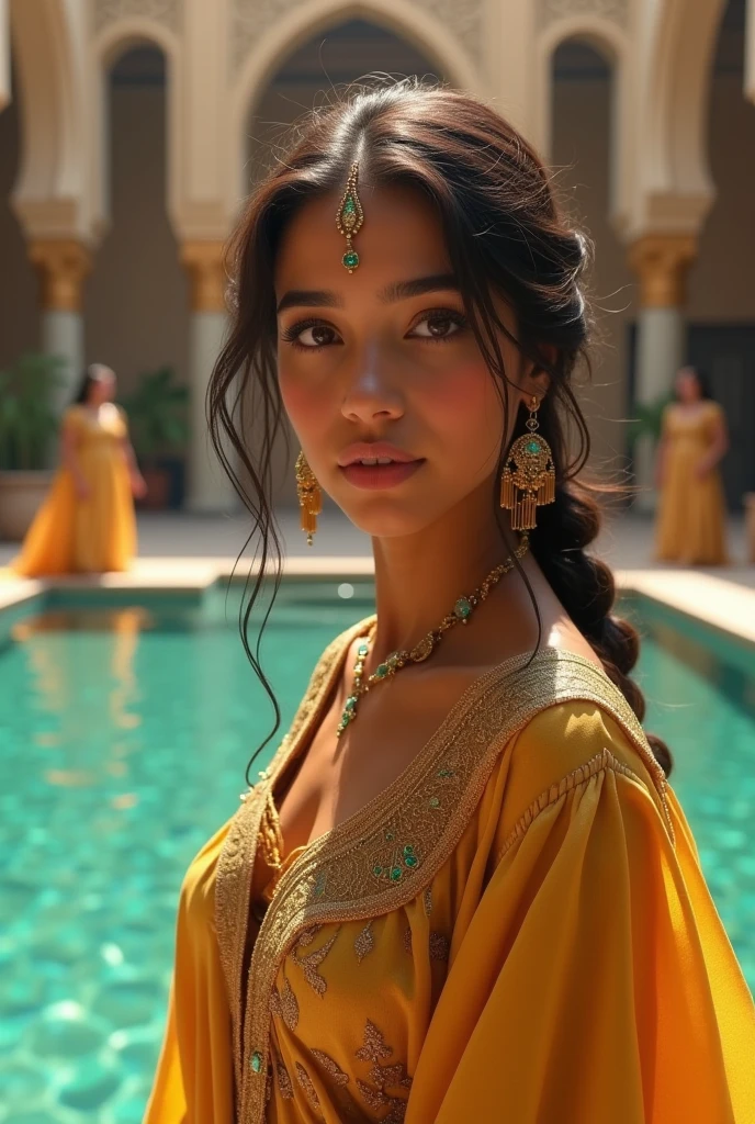  Beautiful old Moroccan girl in a big Moroccan palace .Wearing a golden caftan. Water fountain successors and girls laughing in the back and in her forehead around me with green stones without around or without 
