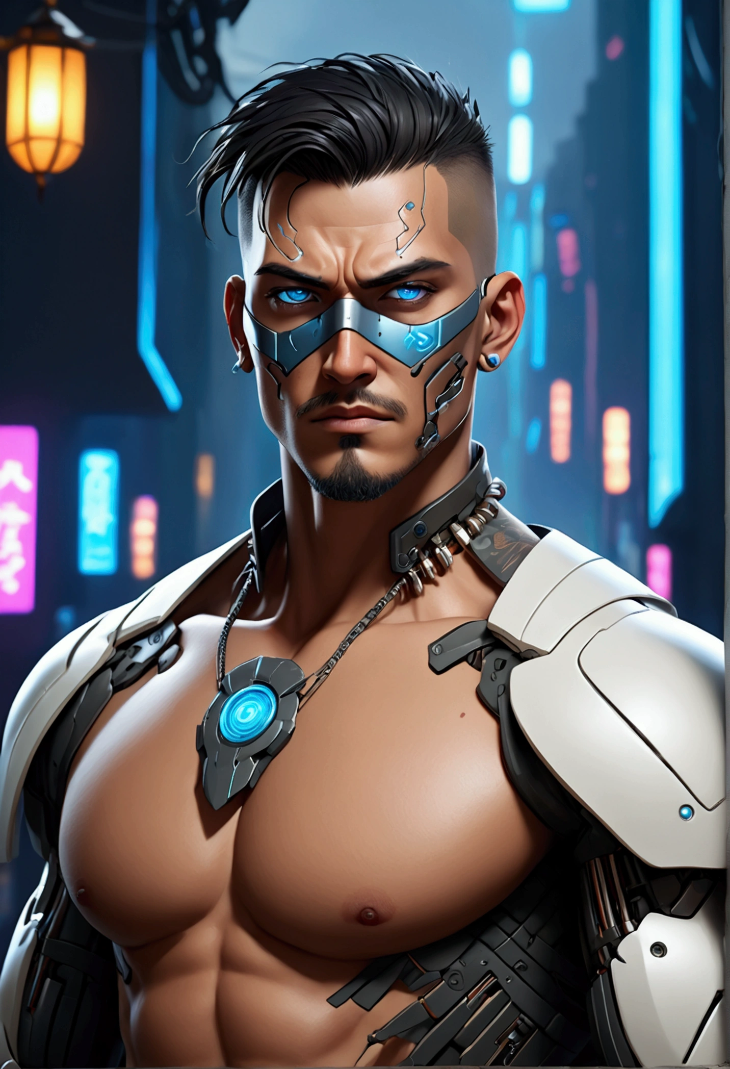 (best quality, Art, animation styling, Full of details), Upper body cut of a man with an Indian warrior feel, A man with a thick facial bone structure, A man with a thick neck and developed trapezius muscles, official anime art illustration, White person with blue eyes, Cartoon of a man wearing a mask on his face, protruding eyes, semi-realistic cyberpunk style, Portrait of a cyberpunk man, cyberpunk art ultrarealistic 8k, cyberpunk style , hyper realist, cyberpunk character, Trends in ArtStation, Complete movie character, Trends in ArtStation 4k, Cyberpunk Cyborg Upper Body, Realistic upper body like a movie, A perfectly realistic cyberpunk hero., inc썩음ibly detailed, 8k, Ultra HD, Art, best quality, very detailed, convoluted, Expressing the upper body, Show me your waist, Cyborg, a machine-to-human ratio, Chest area full of visible machine parts, Machine parts for abs too, All below the neck is mechanical, Attaching machine parts to the face, Strong light emission on waist belt, A brightly lit city background, dark colored machine, full body pose, whole body
