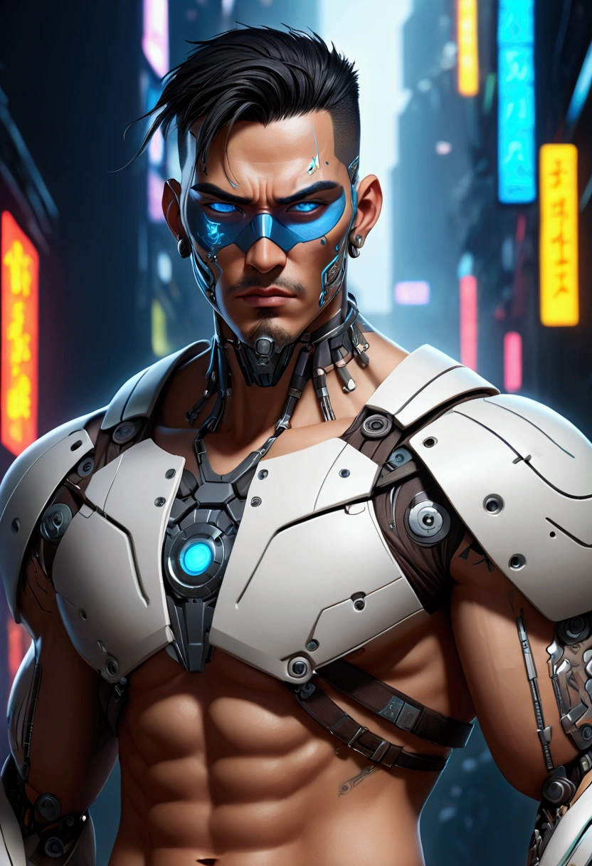 (best quality, Art, animation styling, Full of details), Upper body cut of a man with an Indian warrior feel, A man with a thick facial bone structure, A man with a thick neck and developed trapezius muscles, official anime art illustration, White person with blue eyes, Cartoon of a man wearing a mask on his face, protruding eyes, semi-realistic cyberpunk style, Portrait of a cyberpunk man, cyberpunk art ultrarealistic 8k, cyberpunk style ， hyper realist, cyberpunk character, Trends in ArtStation, Complete movie character, Trends in ArtStation 4k, Cyberpunk Cyborg Upper Body, Realistic upper body like a movie, A perfectly realistic cyberpunk hero., inc썩음ibly detailed, 8k, Ultra HD, Art, best quality, very detailed, convoluted, Expressing the upper body, Show me your waist, Cyborg, a machine-to-human ratio, Chest area full of visible machine parts, Machine parts for abs too, All below the neck is mechanical, Attaching machine parts to the face, Strong light emission on waist belt, A brightly lit city background, dark colored machine, full body pose, whole body