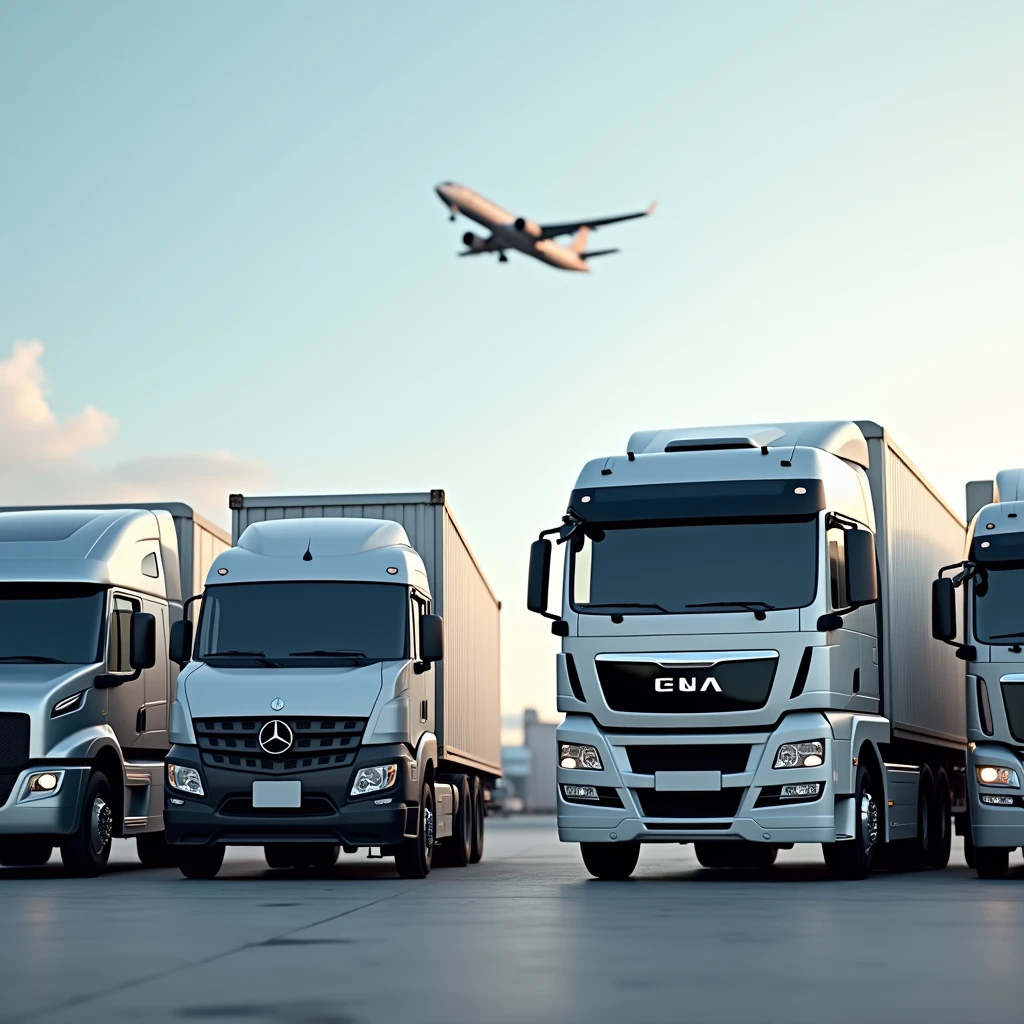 Hyper realistic image of 2 different types of cars and logistics trucks, parked side by side and viewed from afar on ground level, cargo shipment behind them and one plane flying overhead