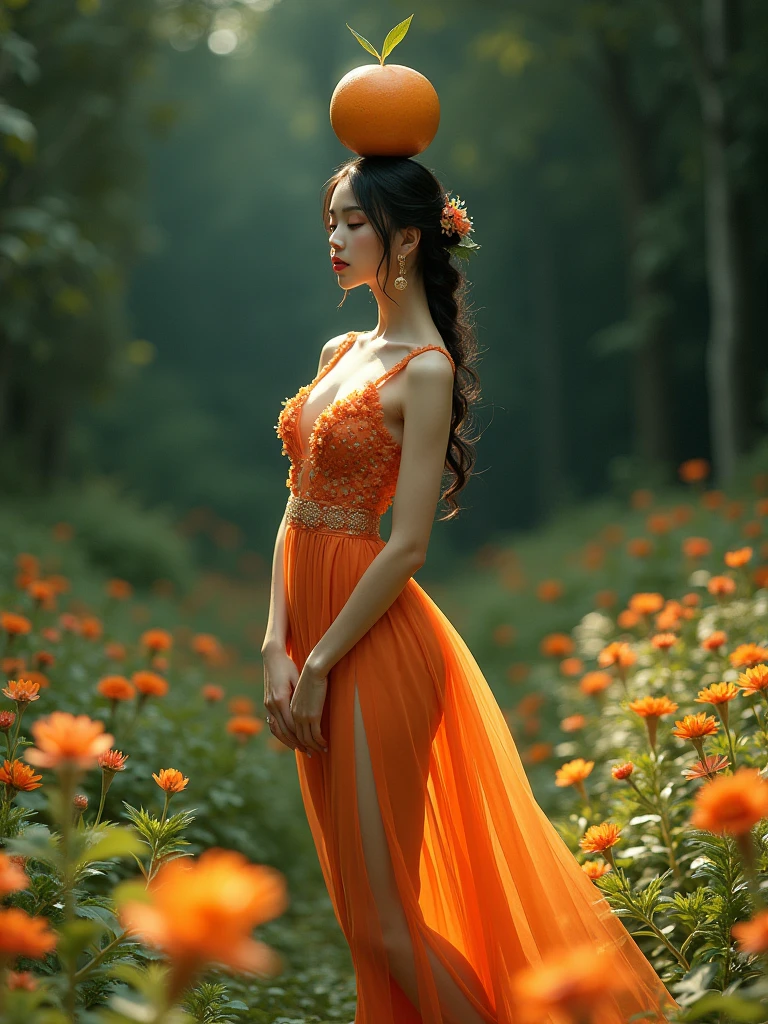 a woman in a dress standing in a field of flowers, very beautiful long slim legs, orange jumpsuit, elegant glamourous cosplay, delicate ex embellishments, in deep forest hungle, aphrodite goddess of love, extremely pale, ballet, wearing a melon, asian girl