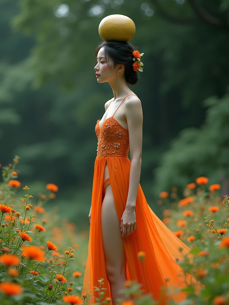 a woman in a dress standing in a field of flowers, very beautiful long slim legs, orange jumpsuit, elegant glamourous cosplay, delicate ex embellishments, in deep forest hungle, aphrodite goddess of love, extremely pale, ballet, wearing a melon, asian girl