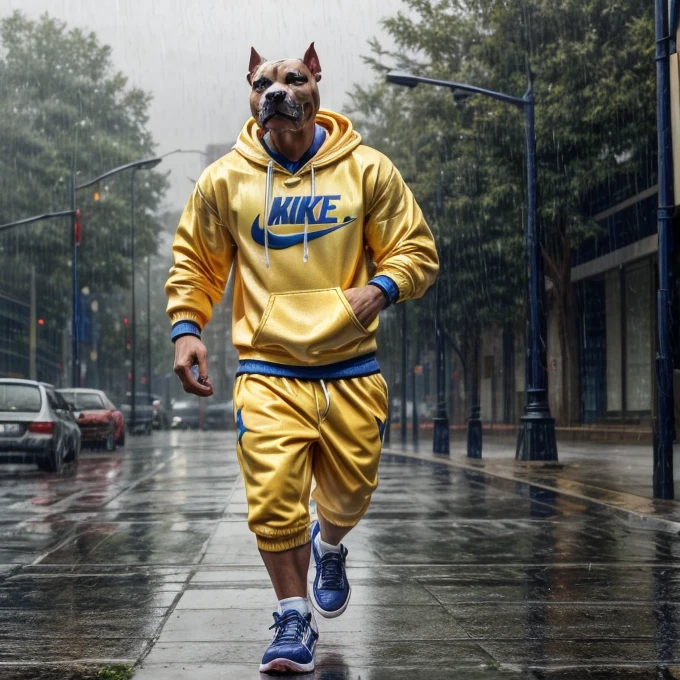 Pit Bull wearing a blue and yellow sweatshirt set and red and black Nike Air Jordan sneakers running on a rainy morning 