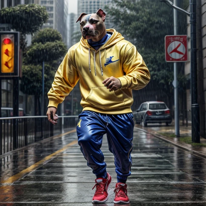 Pit Bull wearing a blue and yellow sweatshirt set and red and black Nike Air Jordan sneakers running on a rainy morning