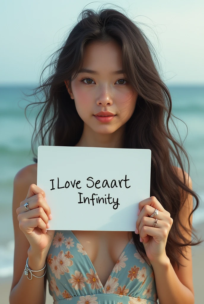 Beautiful girl with wavy long hair, bohemian dress, holding a white board with text "I Love Seaart Infinity" and showing it to the viewer