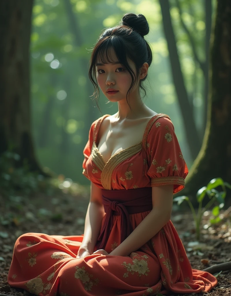Highest quality、masterpiece、 (Original photo、Professional photography、photoRealistic、Realistic:1.3)、, High-definition CG、16K unified wallpaper、(Best aesthetics、Natural light:1.1)、Ultra-high resolution、(Correct Anatomy:1.5)、Cowboy Shot、A young and beautiful Japanese woman、seiza、Put your arms behind your back、Full body rope bondage、Single bun hairstyle、Ideal body type、Big Breasts、Tight waist、Detailed thighs、Elaborate and detailed faces、Detailed eyes、Detailed nose、Beautiful Lips、Big Breasts、Sit on the ground、shabby_Short sleeve kimono、Deep in the forest、In front of the company、背景はDeep in the forest、A dark red worm appears, dripping with slime.