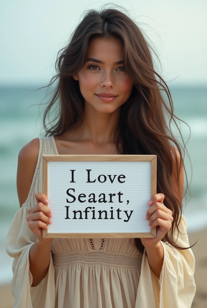 Beautiful girl with wavy long hair, bohemian dress, holding a white board with text "I Love Seaart Infinity" and showing it to the viewer