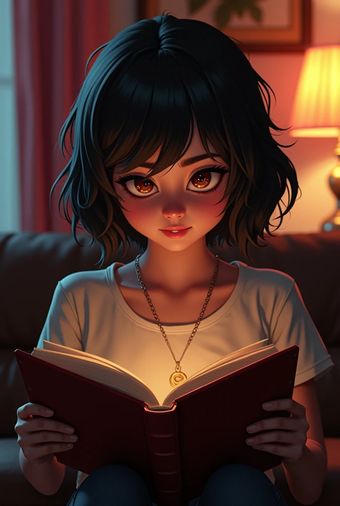 generates an image of the same girl reading the punk book 57 but in the living room