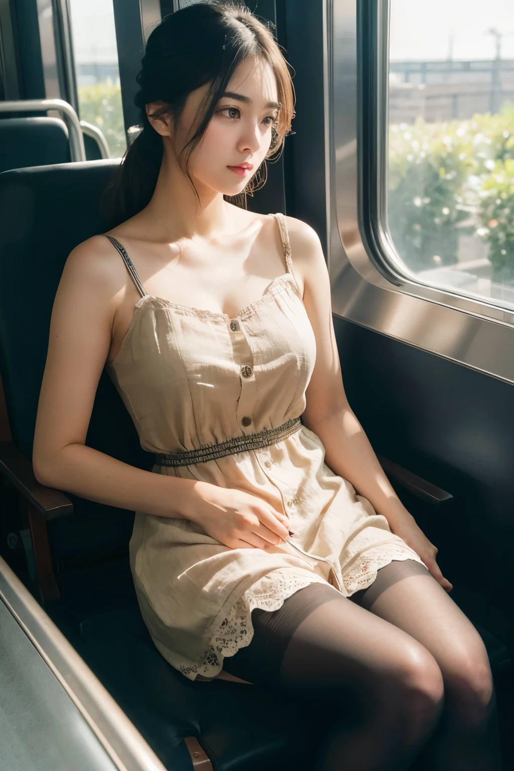 (masterpiece, Highest quality, 8k, RAW Photos, beautifully、beautiful:1.2),  Intricate details, indirect lighting, Realistic,
whole body, Sitting on a chair on the train、Gazing at the audience、Voyeur、Photographed from directly in front、Inner thigh focus、
 Square neck button-down linen sundress, (Ultra-realistic pantyhose)、
 Women&#39;s training , Chair to sit under skirt,