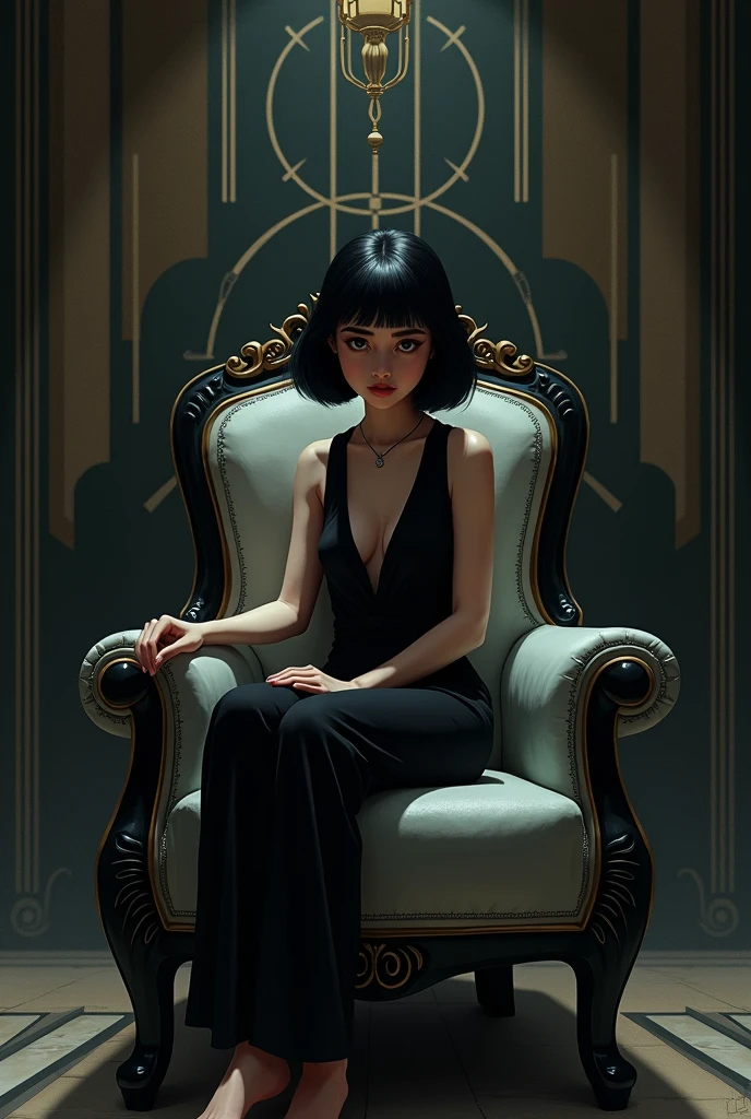 digital art of girl sitting on chair,dark deco style,cell shading,