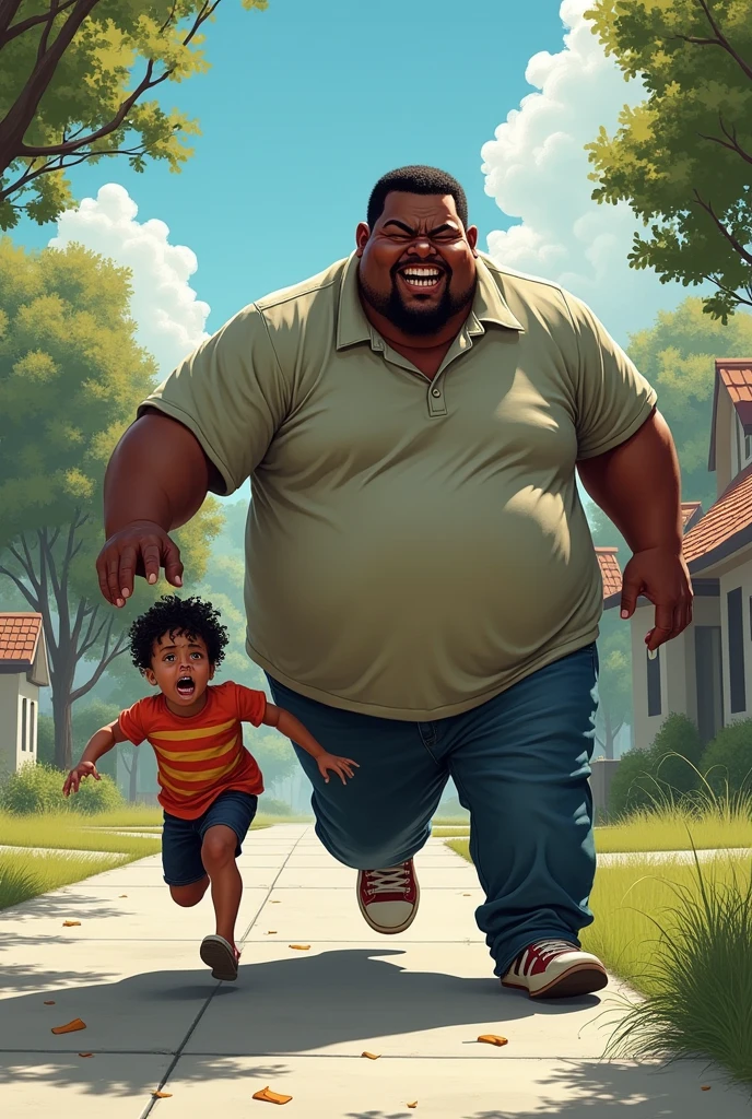 Big obese dark skin man chasing a kid on halloween without costume when the sun is out
