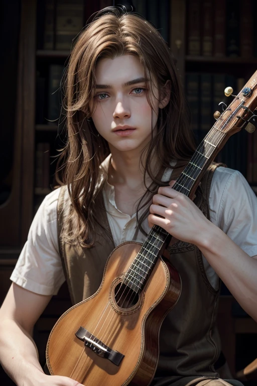 A young male bard with pale skin and red eyes and dark blond hair with streaks of white playing his lute.