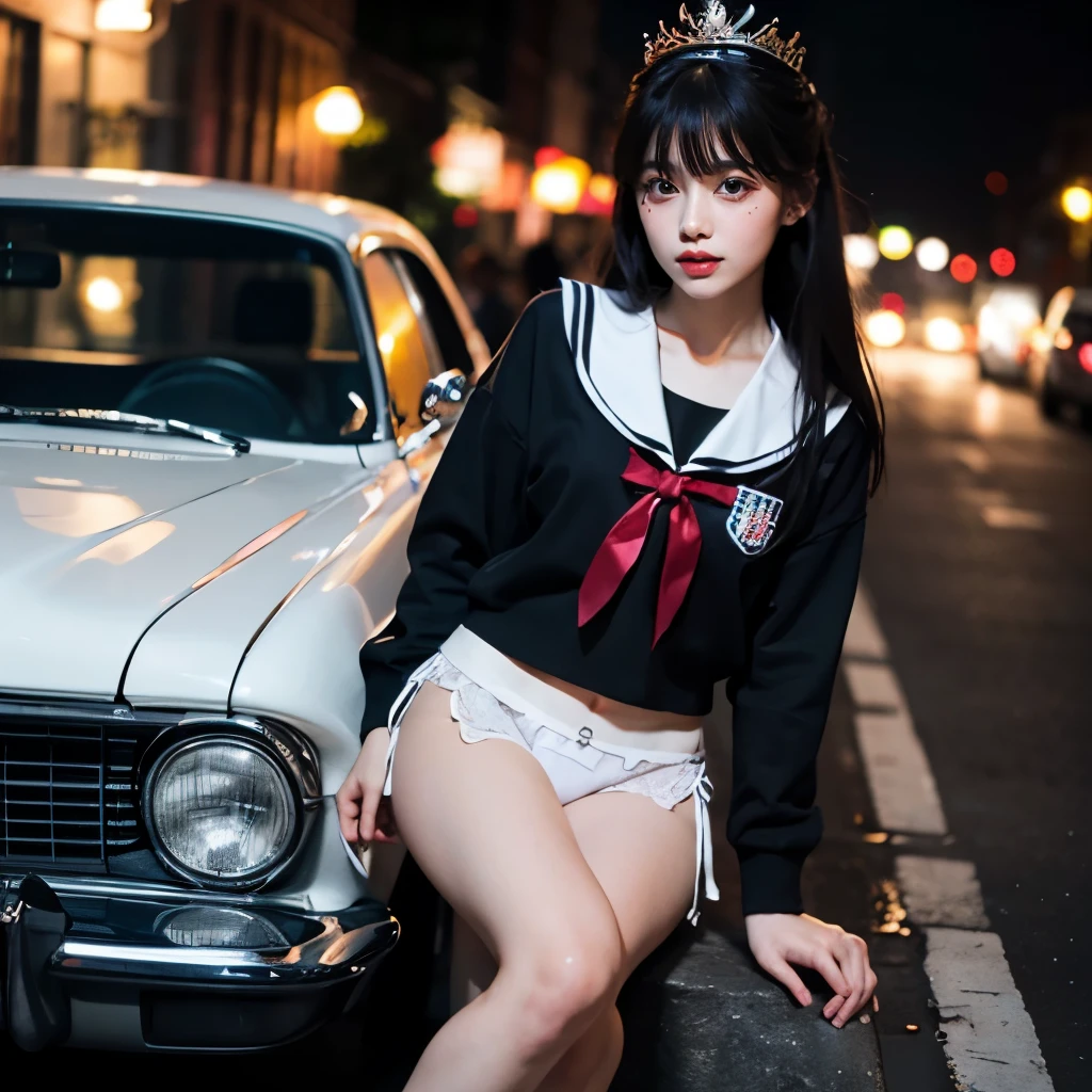 SFW, (Closeup from Crotch to Face) ExtremelyDetailed (SchoolGirl Lean against the Car) Spread Knees Up, perfect face, Brilliant(Tiny Crown), Detailed(Delicate Clothing textures) Sailor Uniform with Red Ribbon (((WhitePanties))), PerfectHand with 4Fingers and one Thumb, Corrected Childish Fingers, Corrected Leg to Foot Line, ((Starry Colorful Lights at Dusk City))((specular reflection of car body)), ((Hidden Arm) Hidden High-Heels), TopQuality 8K Ultra-detailed masterpiece (ProfessionalPhoto:1.37)(Acutance:0.8)