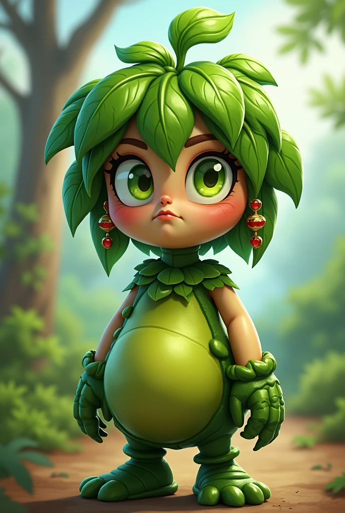 I would like you to create an artwork of a humanoid Peashooter character inspired by the 'Plants vs Zombies' game. The character should be a female with a slightly chubby build. Her hands should resemble large leaves, emphasizing her plant-like nature. 

She should have no visible ears but is wearing large, prominent earrings. The character's hair should be made of leaves, completely covering her eyes, adding an air of mystery. 

Her mouth should be designed exactly like that of the Peashooter in the game, with a round, tube-like appearance that is characteristic of the original character. The overall look should blend the playful, cartoonish style of the game with a more humanized, feminine form.