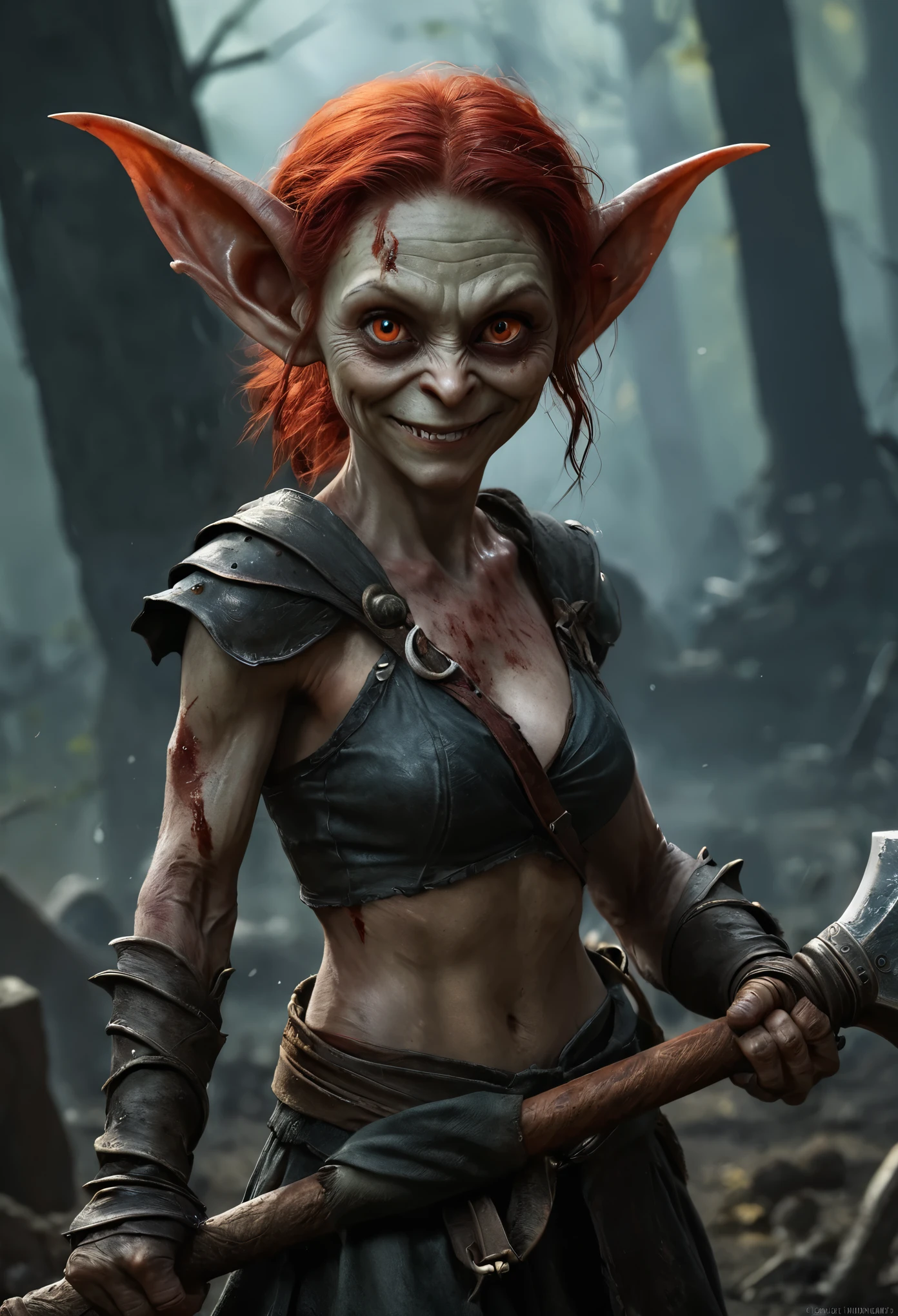Realistic anime character, cute goblin female, redhead, red eyes, full body portrait, holding a big hammer, little smile, in battle, dynamic composition, intricate gloomy background, dark fantasy style, dark arts, depth of field, blood of the enemies