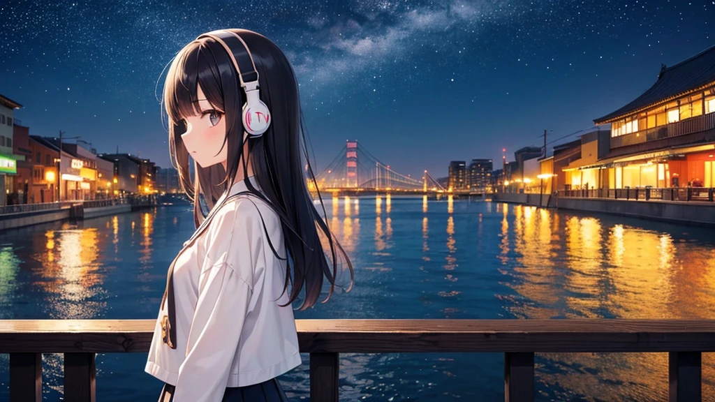 Enjoy the Suminoe Boat Races。A young girl with black hair wearing stylish clothes and headphones labeled "lo-fi" The girl is shown in profile, gazing into the distance with a calm, relaxed expression Background depicts the iconic scenery of Namba, Osaka at night, without any text on signs A starry night sky adding to the peaceful atmosphere Overall mood is quiet and serene, perfect for lo-fi music Detailed hair rendering and careful attention to the girl's fashionable outfit The entire scene should evoke a relaxing, introspective feeling associated with lo-fi music