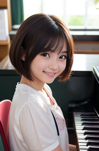 Beautiful girls 、short hair、smile、shy、cute、classroom、clear、23 years old、Beautiful Eyes、Playing the piano