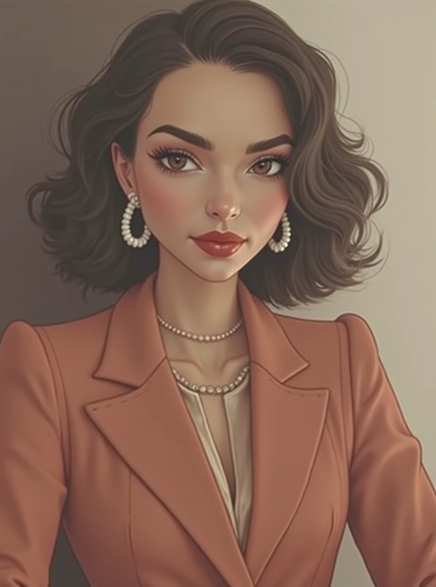 Taking into consideration this text that I give you, create an image of me, I am a woman with dark skin and short wavy hair, almost curly, Fine features, thin lips, big eyes and an hourglass-shaped body, I want to look elegant and sophisticated. Choose colors like white., negro, gray or navy blue. These tones usually convey professionalism.. A well-fitting blazer can elevate any outfit.. It is a key garment in a professional look. A silk blouse or a well-ironed shirt will always look professional.. Make sure they are well-fitting and have a classic cut.. Loafers or mid-heeled shoes go well with a professional outfit. Opt for small, elegant jewelry such as pearls or thin chains.. An updo or neat style will give a tidy appearance.. A natural makeup highlights the features without being overwhelming..