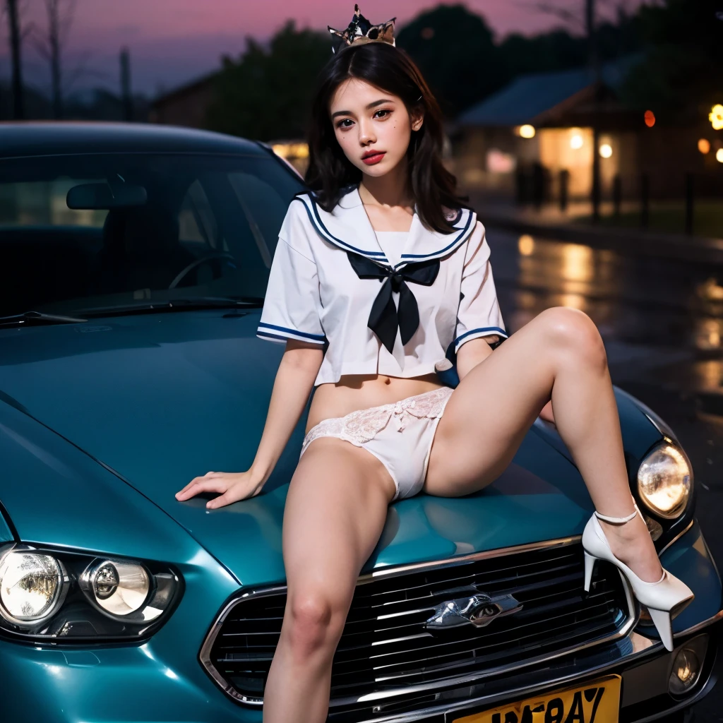 SFW, (Closeup from Crotch to Face) ExtremelyDetailed (SchoolGirl Lean against the Car) Spread Knees Up, perfect face, Brilliant(Tiny Crown), Detailed(Delicate Clothing textures) Sailor Uniform with Red Ribbon (((WhitePanties))), PerfectHand with 4Fingers and one Thumb, Corrected Childish Fingers, Corrected Leg to Foot Line, ((Starry Colorful Lights at Dusk City))((specular reflection of car body)), ((Hidden Arm) Hidden High-Heels), TopQuality 8K Ultra-detailed masterpiece (ProfessionalPhoto:1.37)(Acutance:0.8)