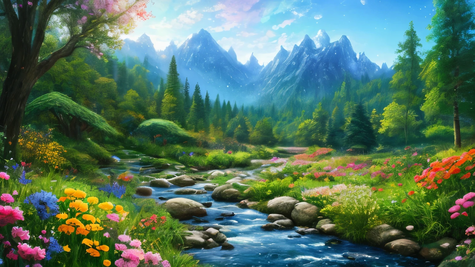 There is a hut under the big tree, beside of the stream, mountain background, , flowers beside fence, masterpiece, best quality, high quality, extremely detailed CG unity 8k wallpaper, An enchanting and dreamy scene of a fantasy forest, with towering trees, glowing mushrooms, and hidden fairy glens, creating a sense of mystique and enchantment, art station, digital illustration, intricate, trending, pastel colors, oil paiting, award winning painting, Bokeh, Depth of Field, HDR, bloom, Chromatic Aberration ,Hyper realistic ,extremely detailed, trending on art station, trending on CGsociety, Intricate, High Detail, dramatic, art by midjourney