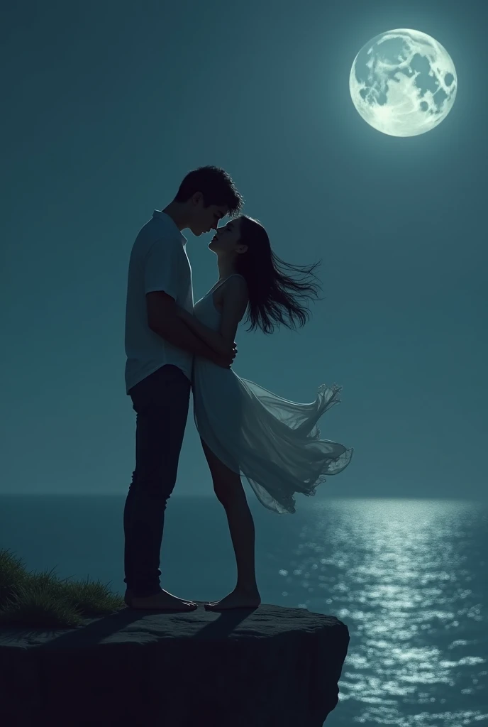 A young couple, barely out of their teens, standing on the edge of a serene cliff, overlooking a vast, moonlit ocean. The moon hangs low in the sky, casting a silver glow across the scene and highlighting the contours of their intertwined bodies. The girl, her eyes brimming with emotion, tilts her head back, exposing the curve of her neck as she confesses something intimate and profound to the boy. He, in turn, gazes into her soul, his eyes reflecting the moon's light, listening with rapt attention. The wind gently caresses their skin, making the girl's hair dance around her face and revealing the softness of her breasts, which are exposed in the open night air. Her hand clutches his shirt tightly, while his rests gently on the small of her back, the fabric riding low on her hips, hinting at the passionate tension between them. The scene is a delicate balance of vulnerability and desire, the stark contrast of the stark cliff and the vast, tranquil sea below acting as a backdrop to their private moment of truth. The soft light and deep shadows play upon their skin, highlighting the sensuality of their youthful forms. This moonlit confession is a poignant mix of raw emotion and the beauty of a shared secret, captured in the fleeting yet eternal embrace of a single, unforgettable night.