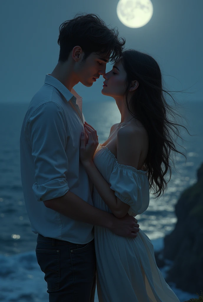 A young couple, barely out of their s, standing on the edge of a serene cliff, overlooking a vast, moonlit ocean. The moon hangs low in the sky, casting a silver glow across the scene and highlighting the contours of their intertwined bodies. The girl, her eyes brimming with emotion, tilts her head back, exposing the curve of her neck as she confesses something intimate and profound to the boy. He, in turn, gazes into her soul, his eyes reflecting the moon's light, listening with rapt attention. The wind gently caresses their skin, making the girl's hair dance around her face and revealing the softness of her breasts, which are exposed in the open night air. Her hand clutches his shirt tightly, while his rests gently on the small of her back, the fabric riding low on her hips, hinting at the passionate tension between them. The scene is a delicate balance of vulnerability and desire, the stark contrast of the stark cliff and the vast, tranquil sea below acting as a backdrop to their private moment of truth. The soft light and deep shadows play upon their skin, highlighting the sensuality of their youthful forms. This moonlit confession is a poignant mix of raw emotion and the beauty of a shared secret, captured in the fleeting yet eternal embrace of a single, unforgettable night.