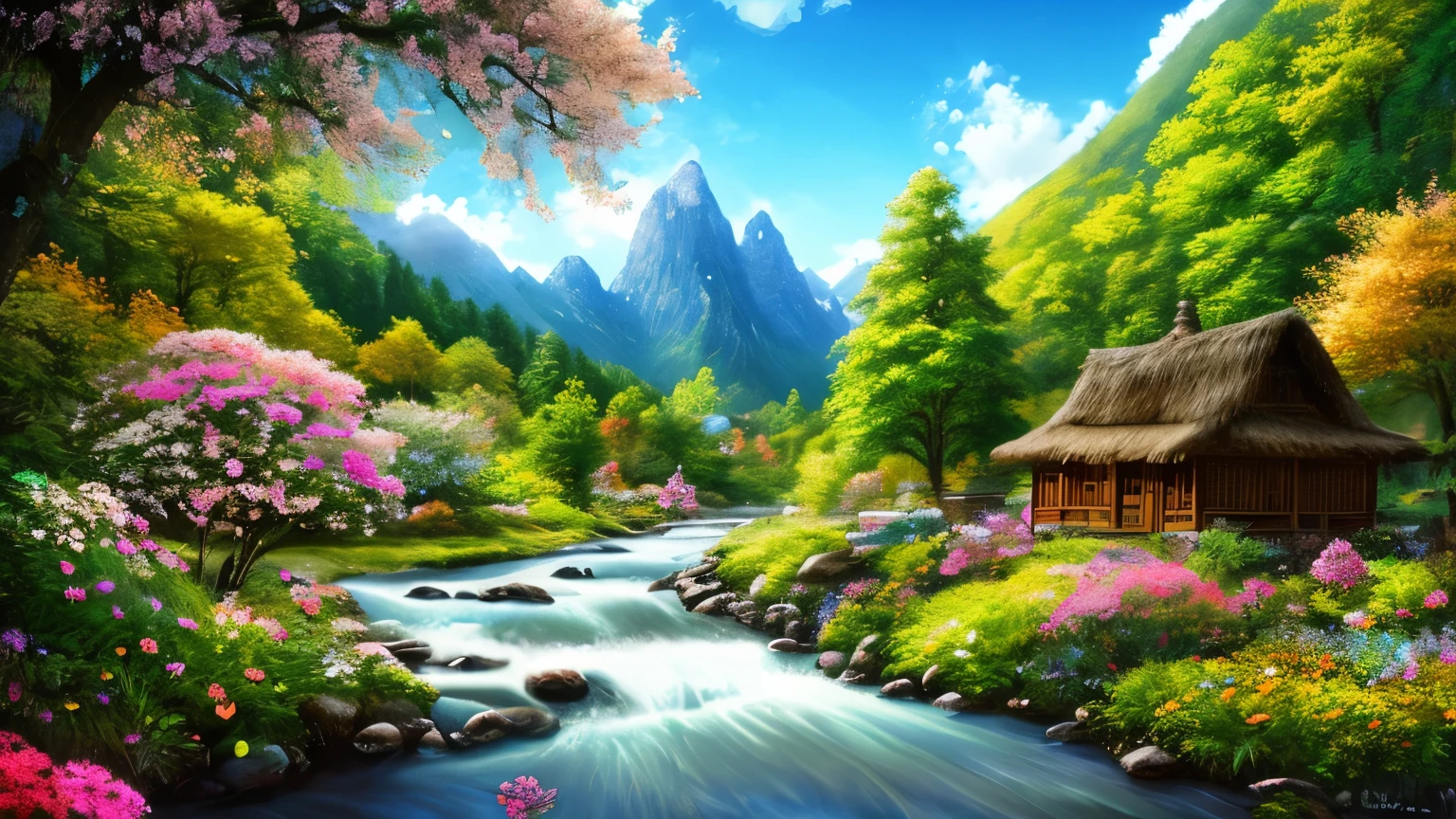 There is a hut under the big tree, beside of the stream, mountain background, , flowers beside fence, masterpiece, best quality, high quality, extremely detailed CG unity 8k wallpaper, An enchanting and dreamy scene of a fantasy forest, with towering trees, glowing mushrooms, and hidden fairy glens, creating a sense of mystique and enchantment, art station, digital illustration, intricate, trending, pastel colors, oil paiting, award winning painting, Bokeh, Depth of Field, HDR, bloom, Chromatic Aberration ,Hyper realistic ,extremely detailed, trending on art station, trending on CGsociety, Intricate, High Detail, dramatic, art by midjourney