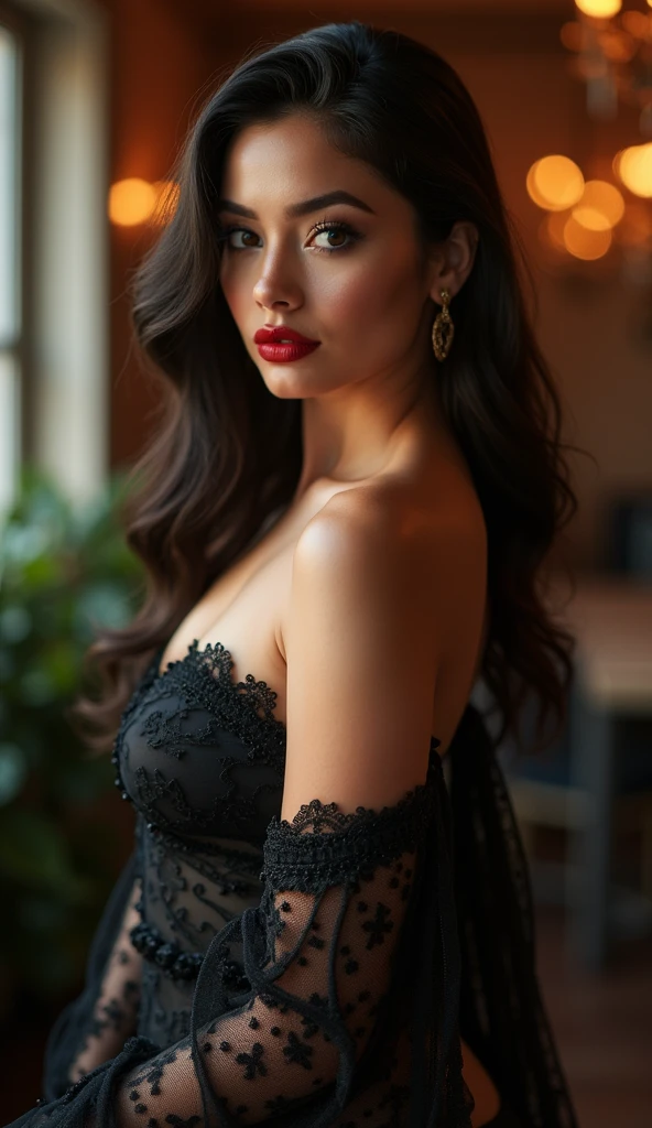 The girl is beautiful, with fair skin, long straight black hair, and is wearing a masquerade mask from a masquerade party. She is approximately 27 years old and is Argentine. The raw, unfiltered picture shows a cute, fit girl with long, straight black hair. She has fair (white) skin, a pronounced bust, and no piercings, no tattoos. She is wearing clothes and a masquerade in all the photos. The model transforms into a high-rolling Vegas vacationer, dressed in an elegant and lavish outfit. She can humorously pretend to be on a winning streak at the slots or living the high life at an extravagant Vegas resort. She is wearing a masquerade