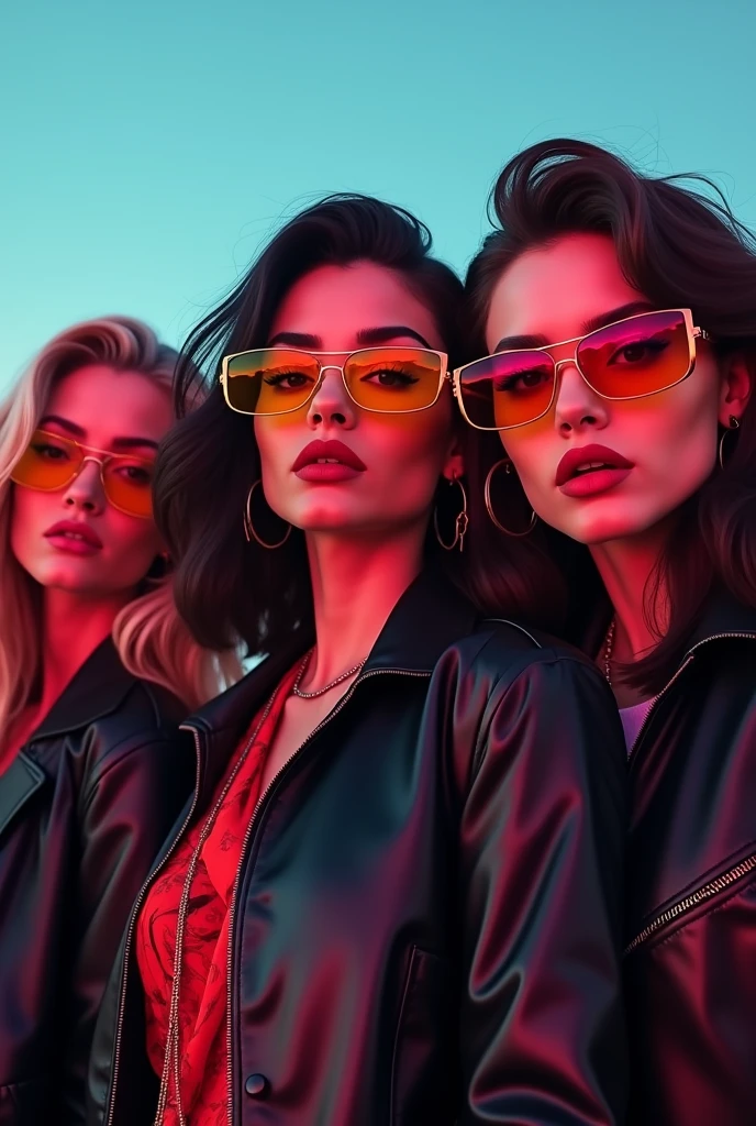 
three women with yellow sunglasses and a black jacket, in the style of vhs, animated gifs, candid celebrity shots, 1990s, trillwave, hot photoshoot 