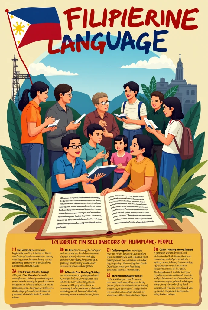 Poster Layout: "Filipino: Wikang Mapagpalaya"

---

#### **Title:**
**Filipino: Wikang Mapagpalaya**

---

#### **Header:**
**"Ipinagdiriwang ang Wikang Nagpapalaya"**

---

#### **Main Visual:**
- **Image:** Isang larawan ng mga Pilipinong mula sa iba't ibang sektor ng lipunan (bata, matanda, estudyante, manggagawa) na nag-uusap, nagbabasa, at nagsusulat sa Filipino.
- **Background Elements:** Mga simbolo ng Pilipinas tulad ng watawat, mapa, at mga kilalang landmark (hal. Rizal Monument, Banaue Rice Terraces).

---

#### **Tagline:**
**"Pagtibayin ang Ating Wikang Filipino!"**

---

#### **Body Text:**

1. **Introduksyon:**
   - Ipaliwanag ang kahalagahan ng wikang Filipino bilang simbolo ng pagkakaisa at kalayaan.
   - Ibanggit ang papel nito sa kasaysayan, kultura, at araw-araw na komunikasyon.

2. **Pangkasaysayang Konteksto:**
   - Itampok ang mga mahahalagang sandali sa kasaysayan ng Pilipinas kung saan naging mahalaga ang wikang Filipino sa pakikibaka para sa kalayaan.
   - Banggitin ang mga kilalang personalidad na nagtaguyod ng paggamit ng Filipino.

3. **Kultural na Kahalagahan:**
   - Talakayin kung paano pinayayaman ng wikang Filipino ang kultura at identidad ng mga Pilipino.
   - Mga halimbawa ng panitikan, awitin, at midya sa Filipino na may malaking epekto.

4. **Edukasyonal na Epekto:**
   - Ang kahalagahan ng pagpapalaganap ng Filipino sa mga paaralan at institusyong pang-edukasyon.
   - Mga programa at inisyatibo na sumusuporta sa paglago at pag-unlad ng wikang Filipino.

5. **Makabagong Paggamit:**
   - Paano umuunlad ang wikang Filipino sa digital na panahon.
   - Ang papel ng social media, teknolohiya, at globalisasyon sa paghubog ng wika.

---

#### **Quotes:**
- Isama ang mga nakapagpapalakas na pahayag tungkol sa wikang Filipino mula sa mga kilalang tao, manunulat, at aktibista.
  - "Ang hindi marunong magmahal sa sariling wika ay mas masahol pa sa malansang isda." - Jose Rizal
  - "Wikang Filipino, wikang mapagpalaya." - Anonymous

---

####