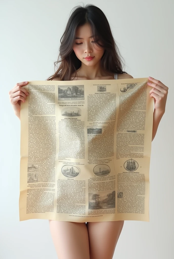 realistic photo, detailed photo, 1 beautiful Japanese woman, full body photo, simple background. look at the viewer:1.1, front view:1.2, ((( a woman put the large poster on her underwear body, size of large poster is 150 cm * 150 cm, she hide her shoulder and foot behind the large poster, she looks embarrass, larger poster has English novels and drawings and design on it)))