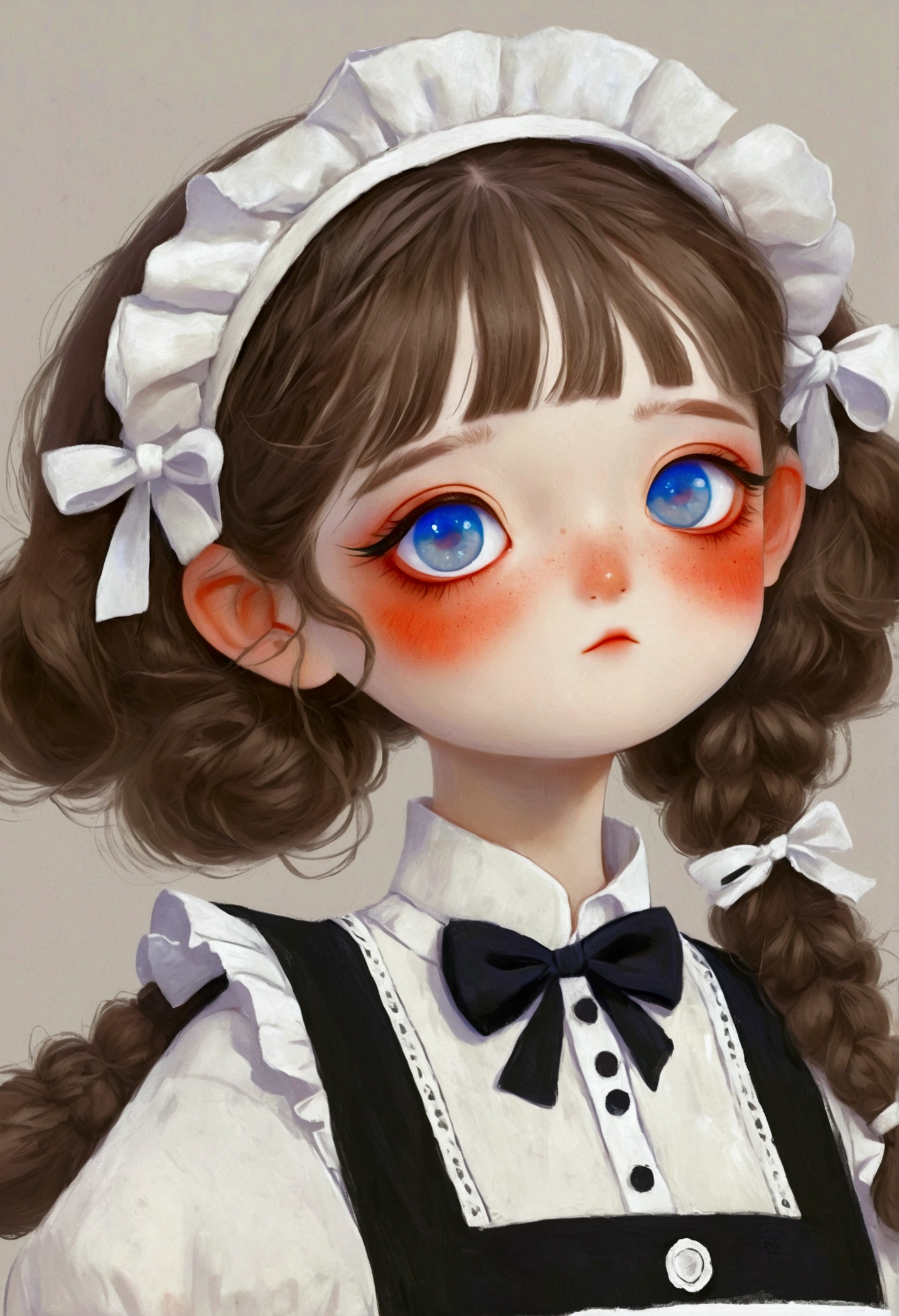  in black and white maid costume，Big blue eyes。Lovely art style, Lovely and detailed digital art, Cute numbers艺术, Lovely artwork, Kawaii realistic portrait, Change, Cute numbers, Lovely portrait, Kasuga, Lovely characters, Cute, colorful and adorable
